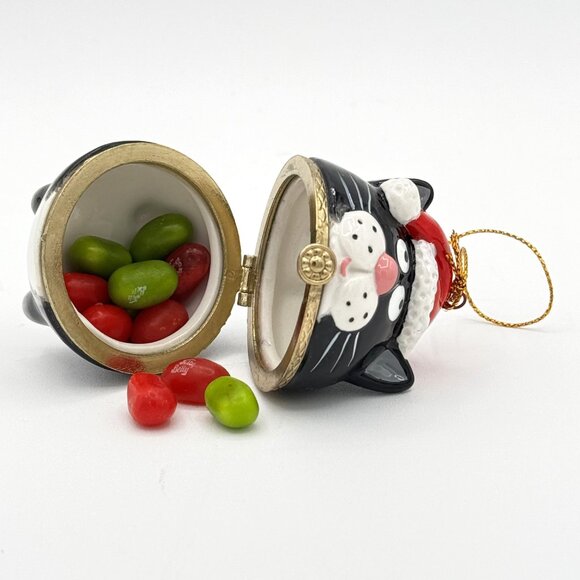 Fat Black Cat Porcelain Hinged Surprise Gift Trinket Box Christmas Ornament - Picture 2 of 6